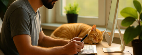 homem trabalhando no computador na sala de sua casa, com um gato ao lado da mesa