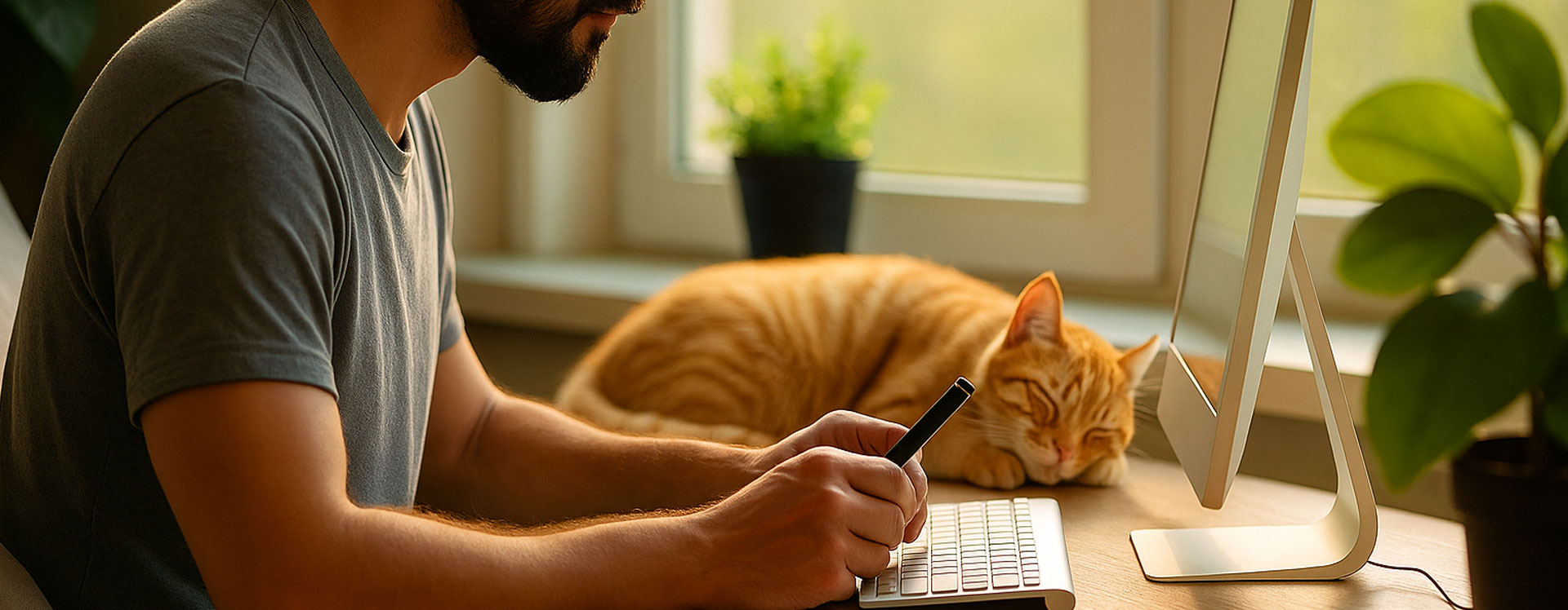 homem trabalhando no computador na sala de sua casa, com um gato ao lado da mesa