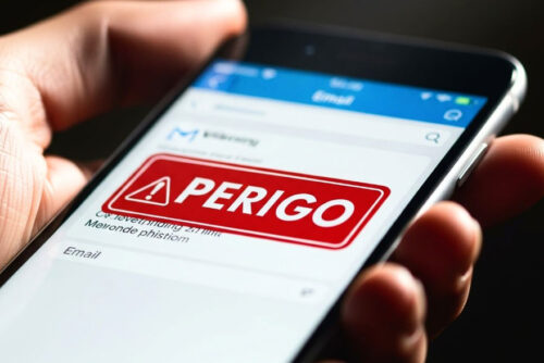 Mão segurando celular com um alerta de perigo