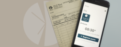 cartão de ponto manual ao lado do aplicativo aberto no celular, com uma ilustração de relógio analógico ao fundo