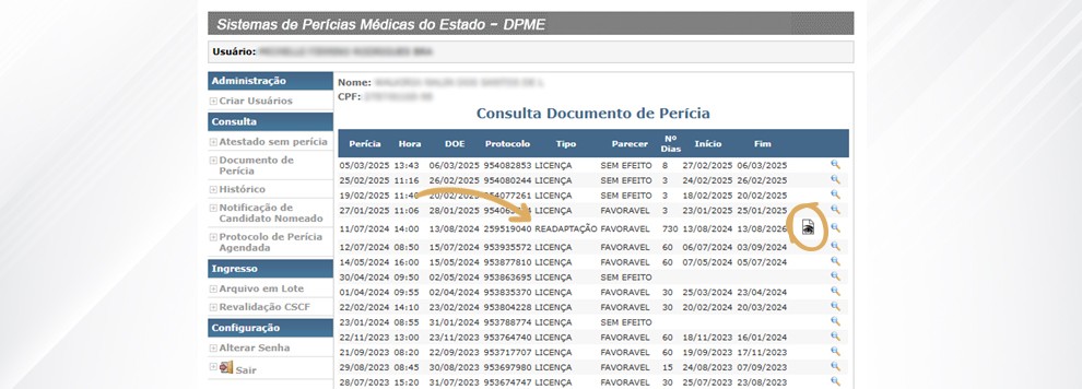 5. Encontre o que contém o tipo Readaptação e clique no ícone para visualizar;