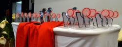 Troféus enfileirados em uma mesa coberta por tecido branco e outro vermelho