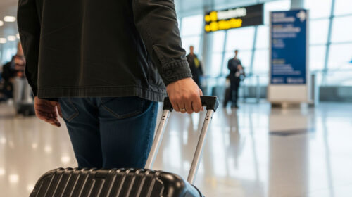 Foto de uma pessoa puxando uma mala em um aeroporto.
