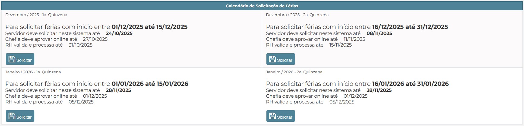 Cronograma para agendamento de férias nos meses de dezembro/2025 e janeiro/2026