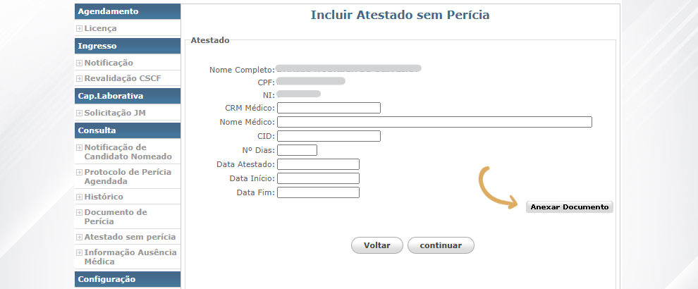 6. Digitalize e anexe ao sistema (obrigatoriamente) a documentação médica complementar, clicando no botão Anexar Documento;
