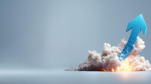 Seta azul com fumaça remetendo ao lançamento de um foguete