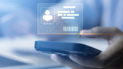 Ponto Eletrônico, pessoa tocando celular e carteira de identificação representada por luzes.