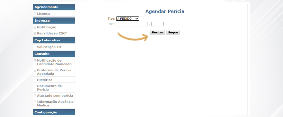 3. No campo Tipo, selecione a opção A pedido (se for a pedido do servidor) ou Ex-officio (se for a pedido da unidade/coordenação) e no campo CPF digite o documento do servidor que requereu a licença. Clique em Buscar.