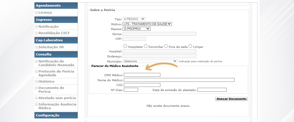 7. Na seção Parecer do Médico Assistente, preencha os campos CRM Médico, Nome do Médico, CID, Nº Dias e Data de emissão do atestado, que refere-se à data de início da licença.