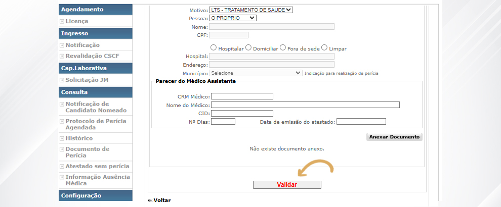 9. Após preencher todas as informações e anexar o atestado médico, clique no botão Validar.